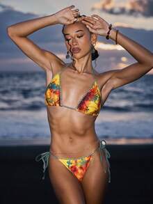 Swim Vcay Women's Yellow Summer Boho Beach Party Holiday Swimwear Set,Colorful Halter Tie Bikini With Gold And Silver Lace Trim,Elegant Sunset Flower Print - Multicolor - View 6