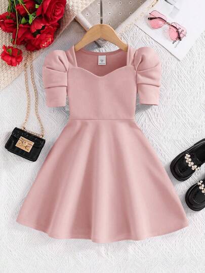 SHEIN Young Girl Solid Color Puff Sleeve Fitted Casual Dress