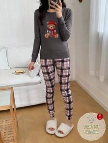 2pcs/Set Young Women Cartoon Bear Print Long Sleeve Top And Plaid Pants Casual Comfortable Homewear Set Snug Fit Pajamas Women Set Tight Fit Pajamas Plaid Pajama Set Bear Print Pajamas Long Sleeve Pajama - Multicolor - View 4