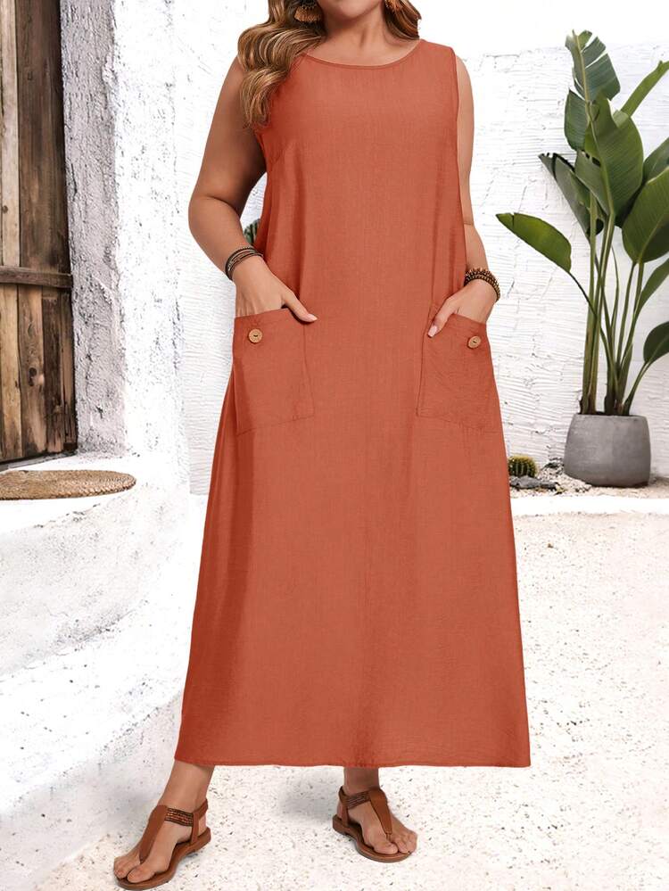 Plus Size Women Solid Color Round Neck Pocket Sleeveless Casual Loose Dress Country Style For Women Summer Holiday Outfits Spring Break Outfits Maxi Dress With Pockets Plus Size Maxi Summer Dress Plus Size Summer Sets