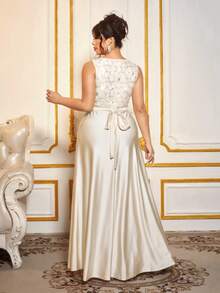 Cravure Đầm dự tiệc lưới đính cườm dài thanh lịch cổ chữ V cỡ lớn cho nữ, Đầm maxi lưới sequin tinh tế, Đầm dạ hội mùa thu cho nữ, Đầm dài thắt eo thanh lịch, tinh tế, thanh lịch - Màu be - Xem 2