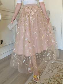 DAZY 女士优雅浪漫度假风亮片刺绣网纱拼接A字裙 - 杏色 - 查看 8