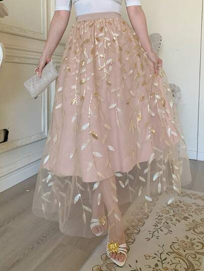 DAZY 女士优雅浪漫度假风亮片刺绣网纱拼接A字裙