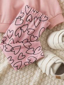 Conjunto de sudadera de manga larga con estampado de corazón y pantalones de cintura elástica para bebé niña recién nacida - Rosa - Ver 7