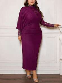 Firerie Vestido de manga larga con pliegues en la cintura y adornos de strass, elegante y de talla grande, para otoño - Rojo violeta - Ver 6