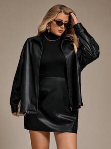 Auralis Plus Size Black,Autumn,Smart Casual,Night Out Club PU 2 Pieces Set,Personalized Zippered Long-Sleeved Jacket Coat & Side Slit A-Line Skirt,Y2K Outfit - Black - View 5