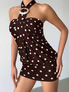 Aloruh 女士夏季时尚派对棕色波点印花吊带连衣裙 - 棕色 - 查看 7