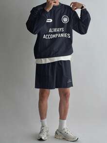 DAZY Men's Navy Blue Letter Print Crew Neck Pullover Pullover Sweatshirt Set With Drawstring Design, Spring/Summer - Blue - View 6