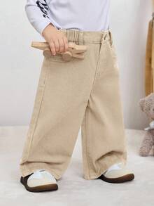 SHEIN Baby Girl Khaki Pocket Wide Leg Loose Casual Jeans - Khaki - View 5