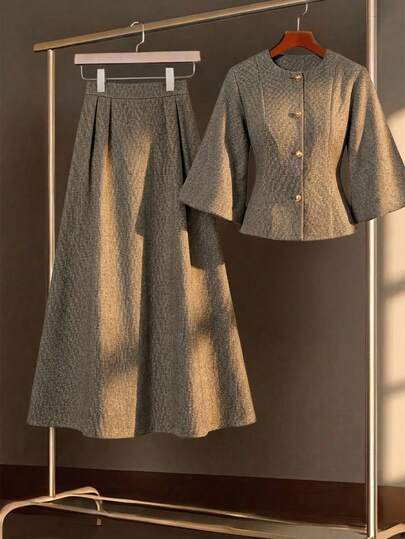 Aveloria Rosie Women's Herringbone Fashion Commuter Luxury Single-Breasted Jacket And Elegant A-Line Skirt Set