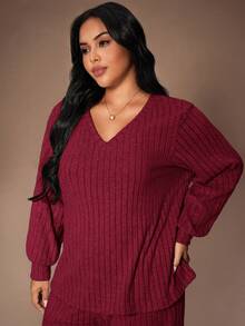 Lazeform Plus Size Knit Ribbed Fleece V-Neck Casual Minimalist Long Sleeve Pajama Set, Suitable For Loungewear - Red - View 5