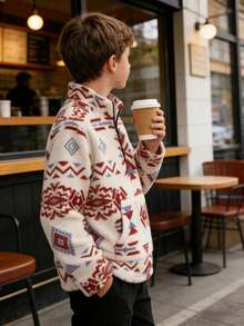 男童休闲西部牛仔度假风几何图案袋鼠口袋半拉链抓绒外套，秋冬季 - 彩色 - 查看 2