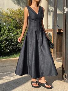 DAZY Women's V-Neck Sleeveless Waist Cinched Split Design Casual Long Denim Dress - Dark Wash - View 6