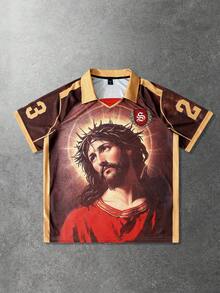 ROMWE MEN Prep Men's Polo Shirt, Casual Sports Sakura & English Text Graphic Print Short Sleeve Polo Shirt - Coffee Brown - View 3