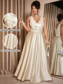 Cravure Đầm dự tiệc lưới đính cườm dài thanh lịch cổ chữ V cỡ lớn cho nữ, Đầm maxi lưới sequin tinh tế, Đầm dạ hội mùa thu cho nữ, Đầm dài thắt eo thanh lịch, tinh tế, thanh lịch - Màu be - Xem 1