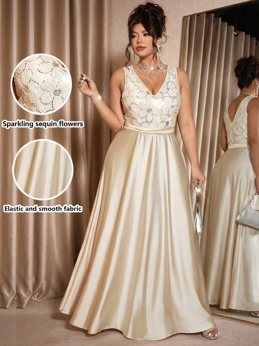 Cravure Đầm dự tiệc lưới đính cườm dài thanh lịch cổ chữ V cỡ lớn cho nữ, Đầm maxi lưới sequin tinh tế, Đầm dạ hội mùa thu cho nữ, Đầm dài thắt eo thanh lịch, tinh tế, thanh lịch - Màu be - Xem 1