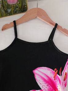 女童大号花卉印花细肩带紧身连衣裙，适合休闲装、海滩度假装、夏季 - 黑色 - 查看 7