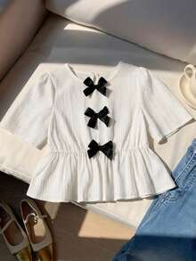 Blusa casual de vacaciones para niñas preadolescentes con cuello redondo, manga corta, volantes y diseño 3D de mariposas - Blanco - Ver 6