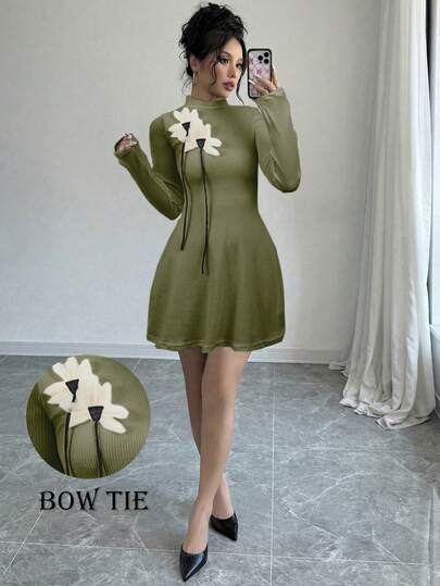 Rafferiza High Neck Long Sleeve Textured Ribbed Knit Fabric Floral Applique A-Line Elegant Women Dress, Autumn/Winter Army Green Dress Mushroom Dress Bow Dress Long Sleeve Elegant Dress Olive Dress
