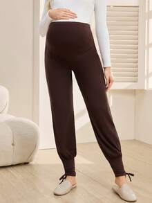 SHEIN Solid Color Maternity Casual Long Pleated Ankle-Tied Leggings - Brown - View 6