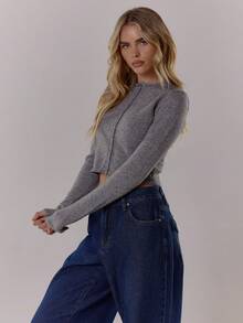 MUSERA 短款修身纽扣针织开衫，优雅可爱性感街头风，适合夜间外出、冬季晚宴派对等场合，春季穿着舒适百搭。 - 灰色 - 查看 5