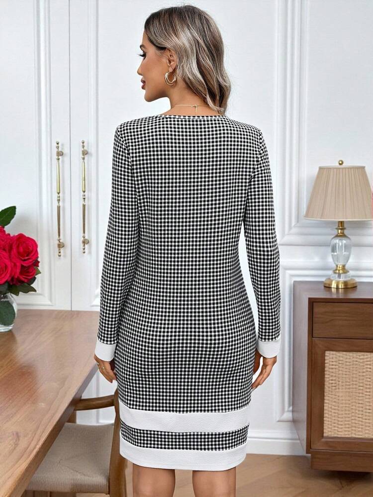 Women's Contrast Plaid Casual Everyday Long Sleeve Mini Dress Checkered Dress Women Long Sleeve Dress Plaid Dress Women Quick Ship Women Dress Black And White Dress