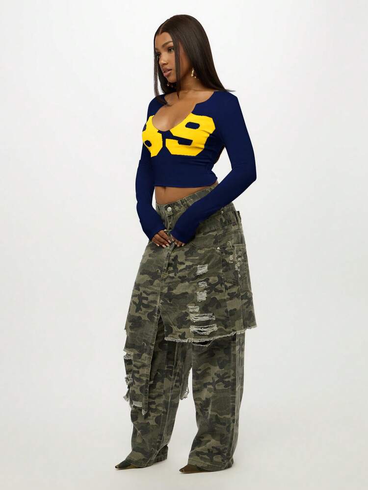 SUMWON WOMEN Langärmliges Crop-Top mit Brustprint