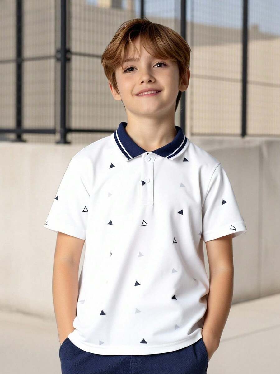 SHEIN 男童几何印花撞色休闲短袖Polo衫 - 白色 - 查看 1