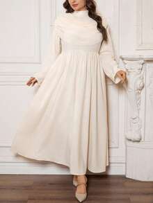 Firerie Plus Size Women's Solid Color Pleated Collar Long Sleeve Elegant Dress Dress Modest Long Cream Dress Beige Dress For Women - Apricot - View 5