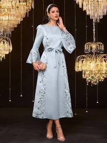 Al Najma 女士优雅亮片印花腰带喇叭袖阿拉伯风格连衣裙 - 藍色 - 查看 1