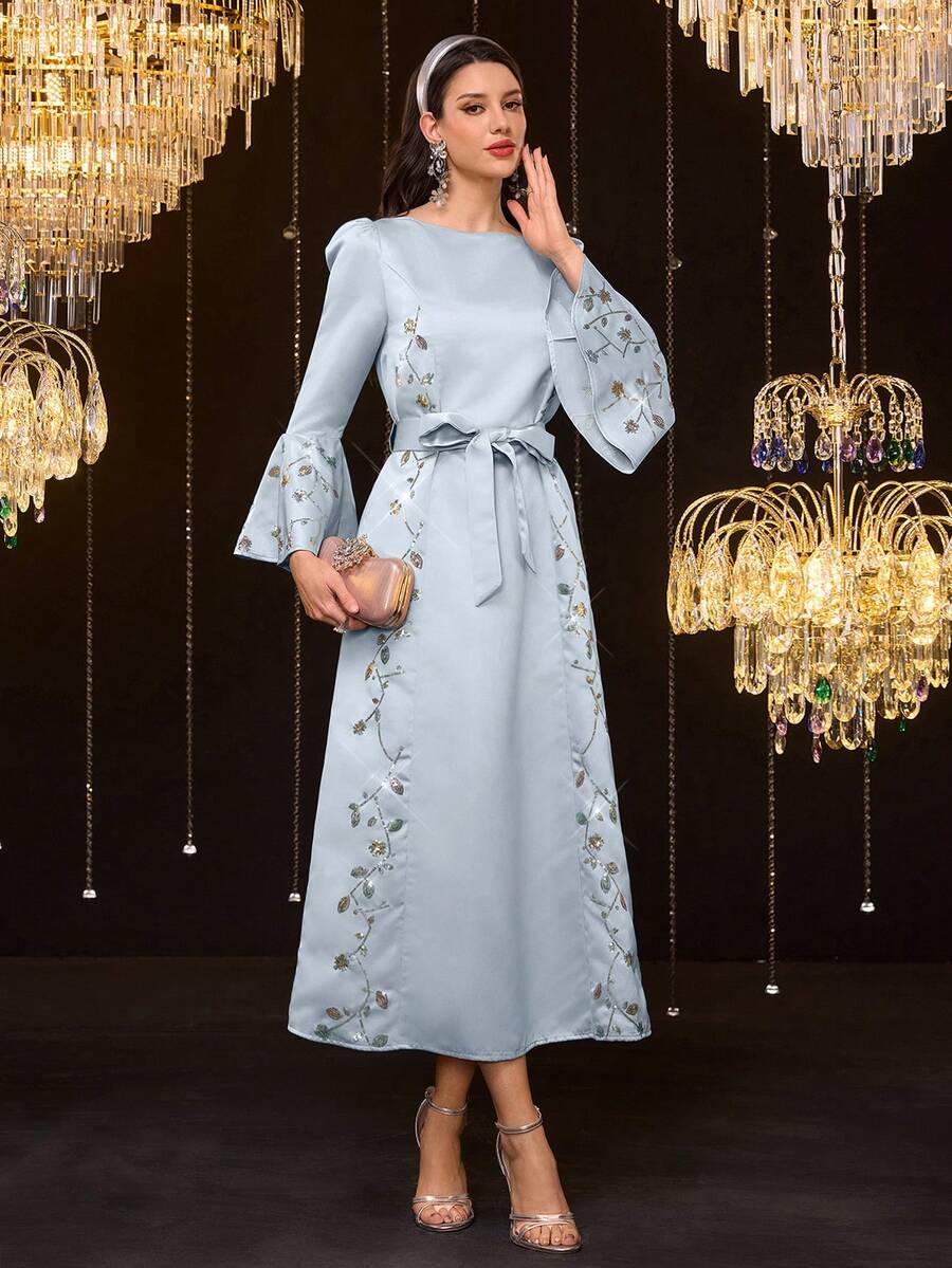 Al Najma 女士优雅亮片印花腰带喇叭袖阿拉伯风格连衣裙 - 藍色 - 查看 1