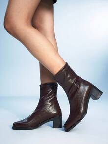 Sugerpunk Women's Fashion Simple Versatile Commute PU Leather Zip Back Chunky High Heel Ankle Boots - Brown - View 1