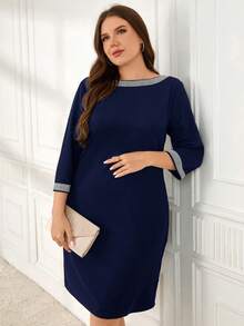 Miaspire Vestido Elegante com Gola Redonda, Manga 3/4 e Aplicação de Strass para Mulheres Plus Size - Azul Marinho - Visão 1
