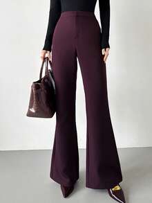 Firerie 女士复古性感商务休闲纯色喇叭裤，优雅高腰，独特职业长裤，复古风格工作服 - 中紫紅色 - 查看 2