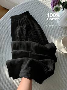 Comfortcana 女士休闲黑色蕾丝侧边长裤，夏季 - 黑色 - 查看 9