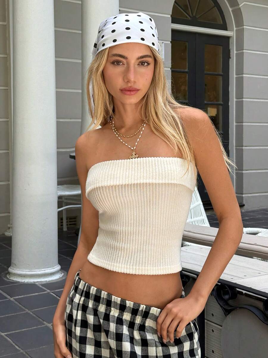 SHEIN EZwear Solid Color Ribbed Knitted Strapless Top - Apricot - View 1