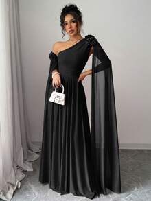 Rafferiza 红色荷叶边褶皱网纱连衣裙，优雅派对礼服，超长袖 - 黑色 - 查看 6