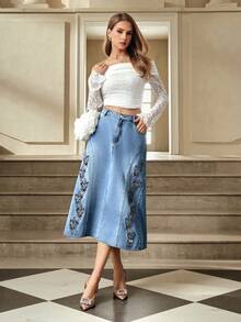 Selenza Women's Hollow Flower Embroidered Denim Mini Skirt - Medium Wash - View 6