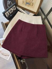 Franclia Double Layer Split Hem Woolen A-Line Anti-Flashing Thick Skort - Burgundy - View 2