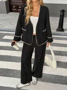Modelyn Women's High-Quality Contrast Color Knit Cardigan Jacket And Casual Pants Winter Suit - Black - View 4