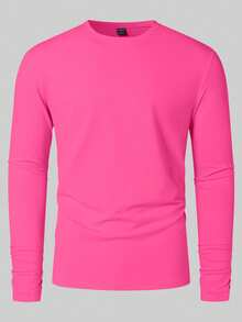 Manfinity Homme Men's Casual Solid Color Round Neck Long Sleeve T-Shirt, Autumn - Pink - View 3