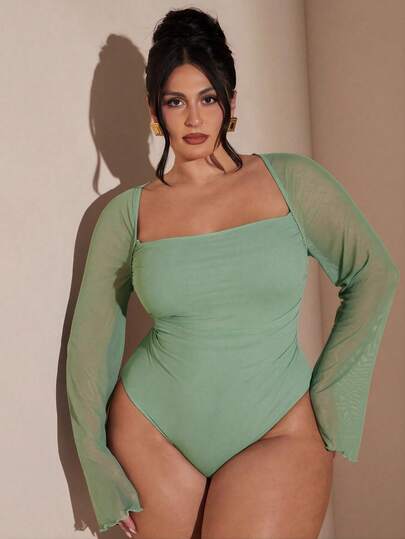 SHEIN BAE Elegant auberginelila långärmad bodysuit för kvinnor i plusstorlek, höst/vinter