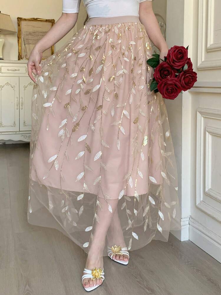 Women's Elegant Romantic Vacation Style Sequin Embroidery Mesh Patchwork A-Line Skirt