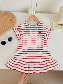 SHEIN Babygirl Cute Knitted Striped Heart Pattern Short Sleeve Dress, Spring/Summer