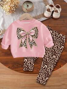Baby Girl Casual Vintage Leopard Print Bow Design Soft Thick Crew Neck Long Sleeve Sweatshirt And Leggings Set, Suitable For Autumn/Winter Baby Girl Christmas Casual Pant Sets Bow Baby Girl Outfit Two Pieces Winter Outfits For Baby Girl Leopard Outfit Baby Girl Animal Print - Multicolor - View 2
