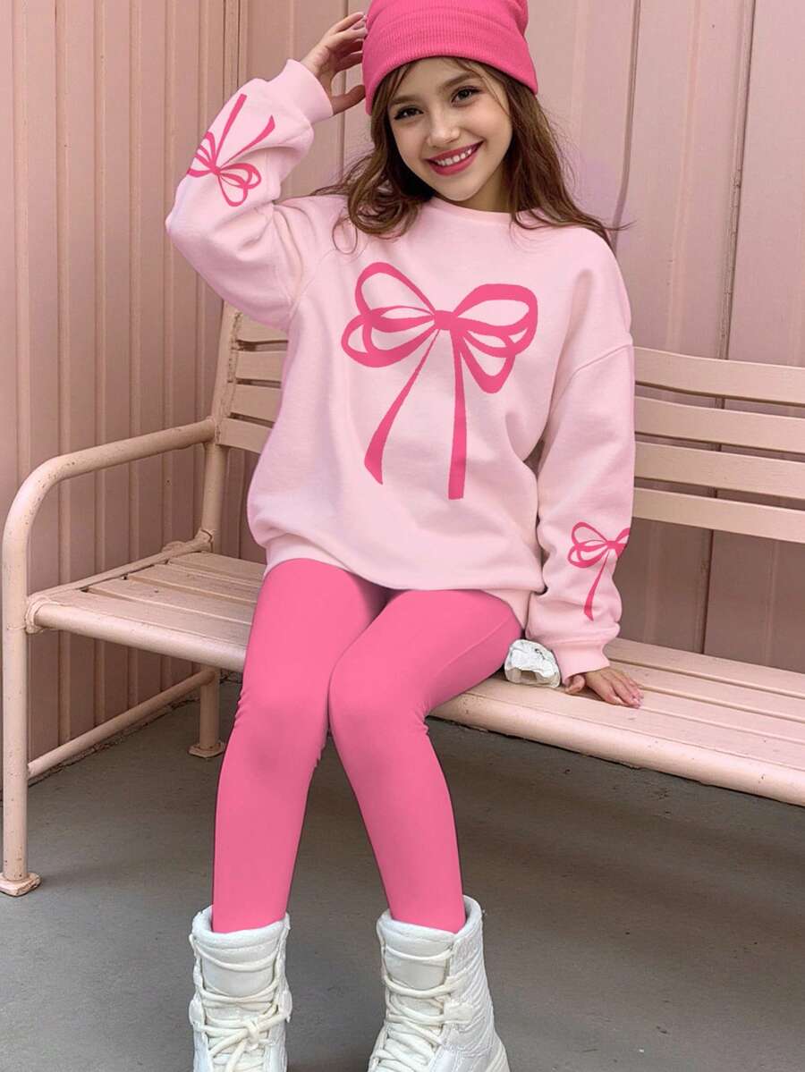 SHEIN Tween女孩 2件/套 可愛粉色蝴蝶結圓領長袖冬季衛衣與內搭褲套裝,返校季秋季校園穿搭服飾 - 彩色 - 查看 1
