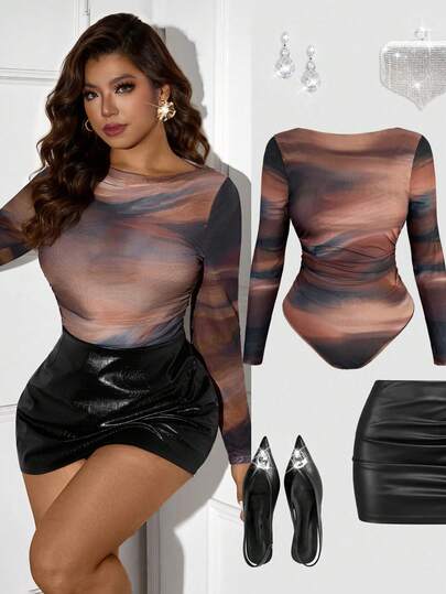 Femmeverse Plus Size Tie-Dye Colorful Mesh Bodysuit