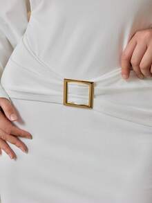 Auralis Vestido elegante de fiesta de otoño blanco para mujer talla grande, cuello mandarín, botones metálicos, mangas acampanadas, cintura ajustada, cruzado, mini, atuendo chic para boda - Blanco - Ver 8