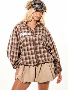 SUMWON WOMEN Plaid Zip Up Bomber Jacket With Pom Pom Hat Streetwear Fall Winter Casual Outerwear Cropped Style - Multicolor - View 4