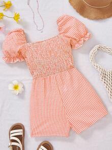 Genkimix Kids 女童休闲度假格子泡泡袖连体裤，夏季 - 橘色 - 查看 2